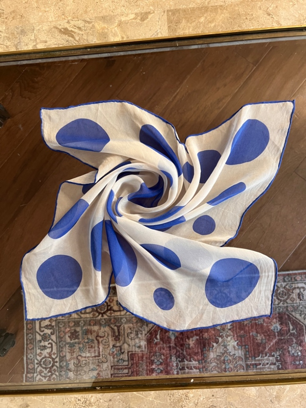 Square silk white scarf with large blue polka dots